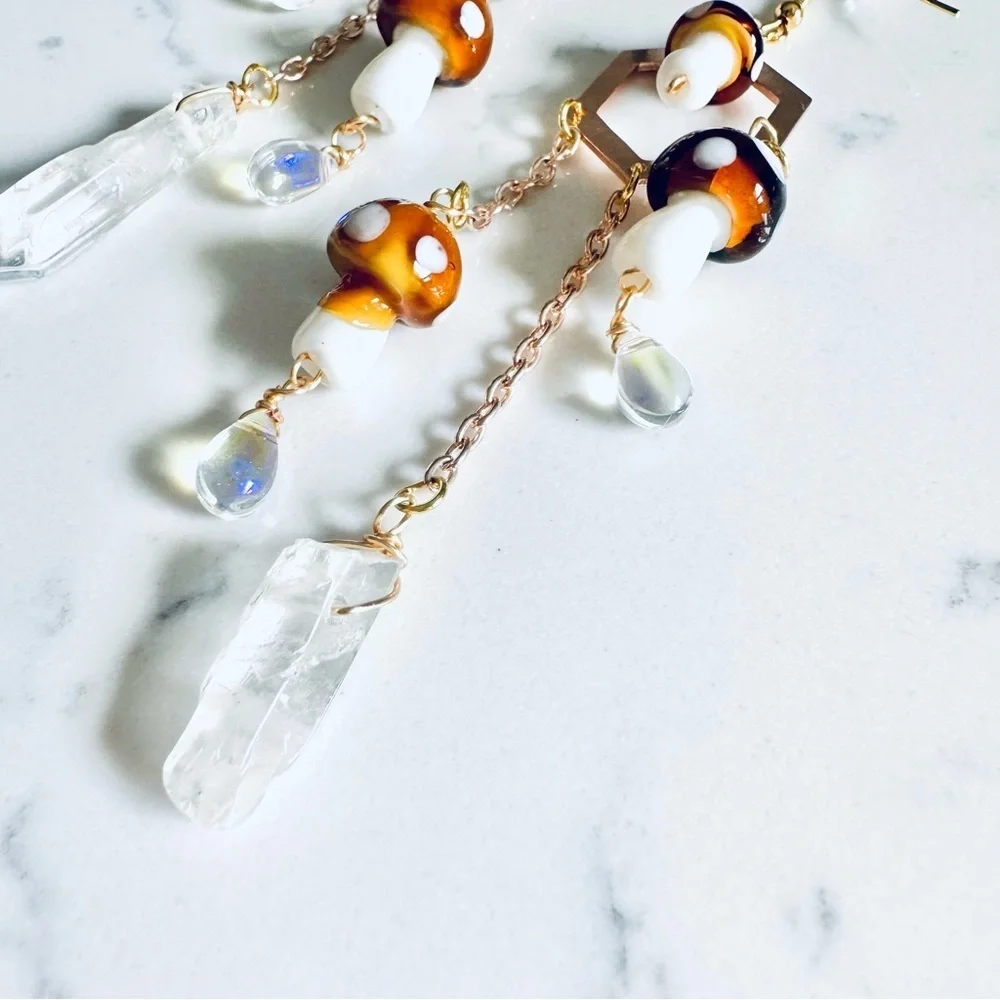 2/$30🌵 Mushroom Gold Chandelier Earrings Crystals Forest Hippie Boho Fairy NEW